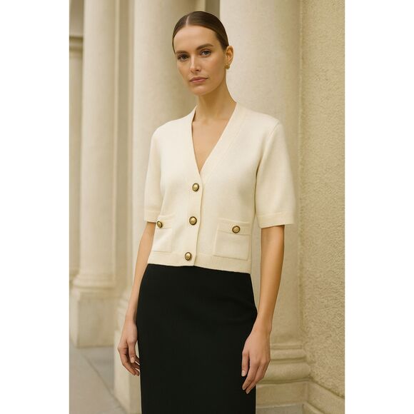 St. John Santana Knit Short Sleeve Cardigan Jacket with Gold Button Details P NW - Picture 1 of 8